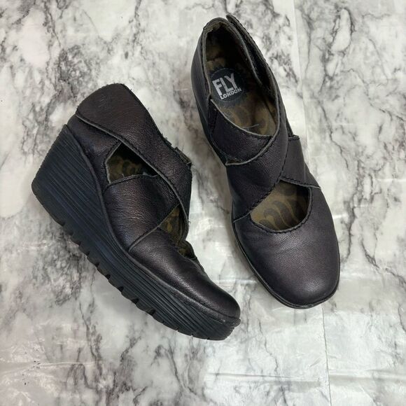 Fly London Leather Wedge Shoes size 37 Purple Brown Mettalic color - Picture 1 of 8